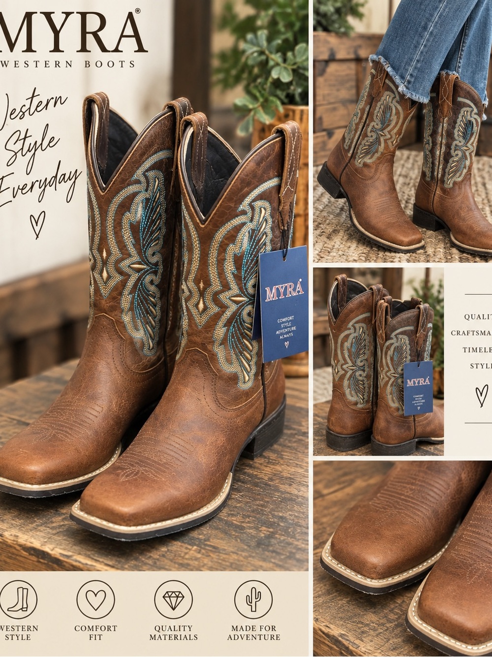 Myra Bag Brown Western Boots with Teal Embroidery